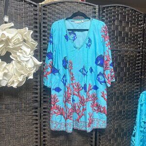 Soft Surroundings Fish Print Blue Aline Cotton Tunic Dress Size Medium